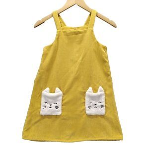 Rare Editions Girls Mustard Yellow Corduroy Kitty Cat Jumper Dress Size 6X